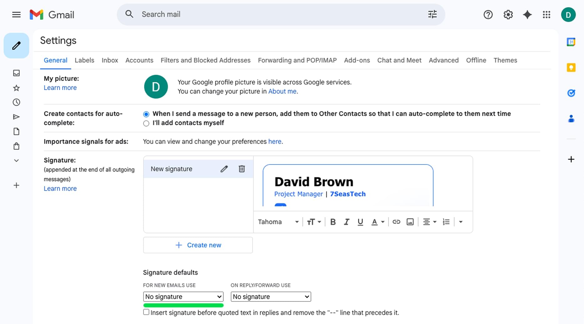 Select signature for new emails